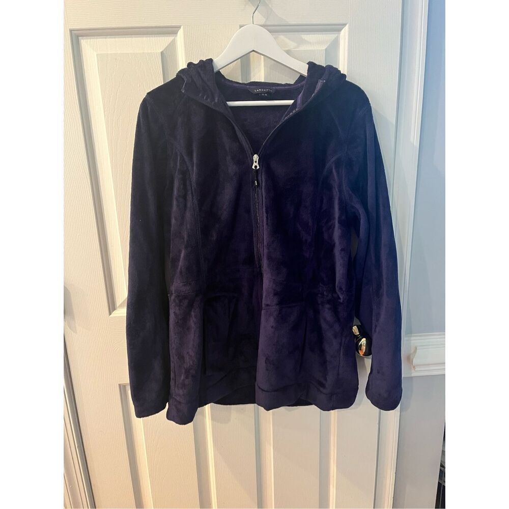 Lands’ End Navy Velour Full Zip Waist Cinched Jacket Hoodie  sz L 14-16 NWOT